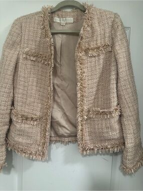 Boston Proper Blush Tweed Fringe Open Jacket